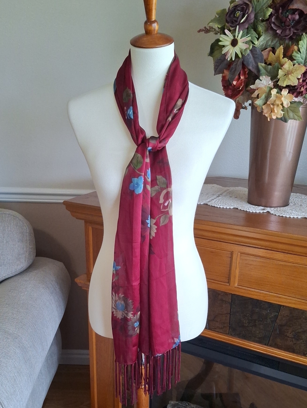 Laura Ashley Burgundy Floral Fringe Scarf